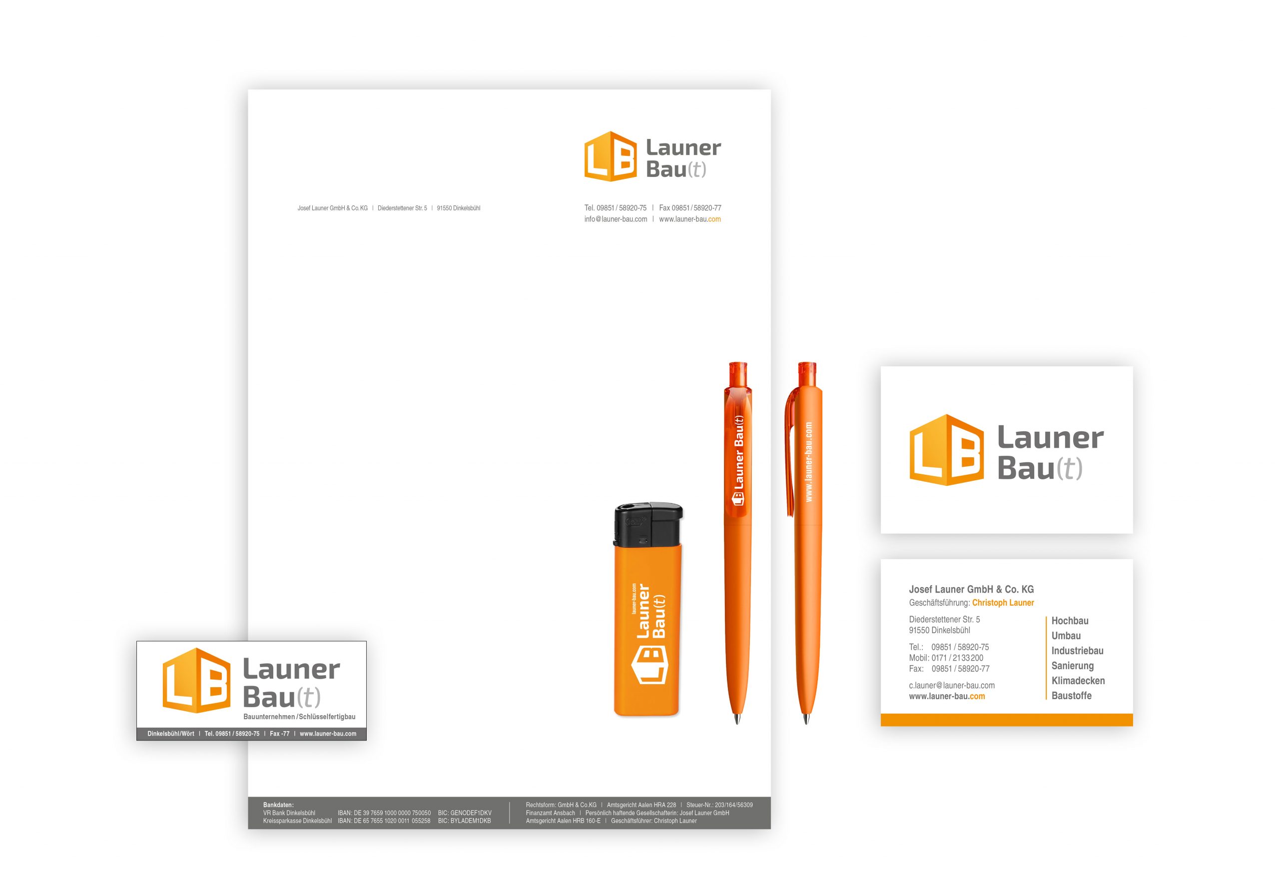 Launer Bau Corporate Identity- Visitenkarten, Briefpapier, Kugelschreiber, Feuerzeug