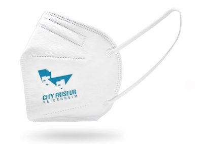 Bedruckte FFP2 Maske für Firma City Friseur Heidenheim- Blau- Frisör