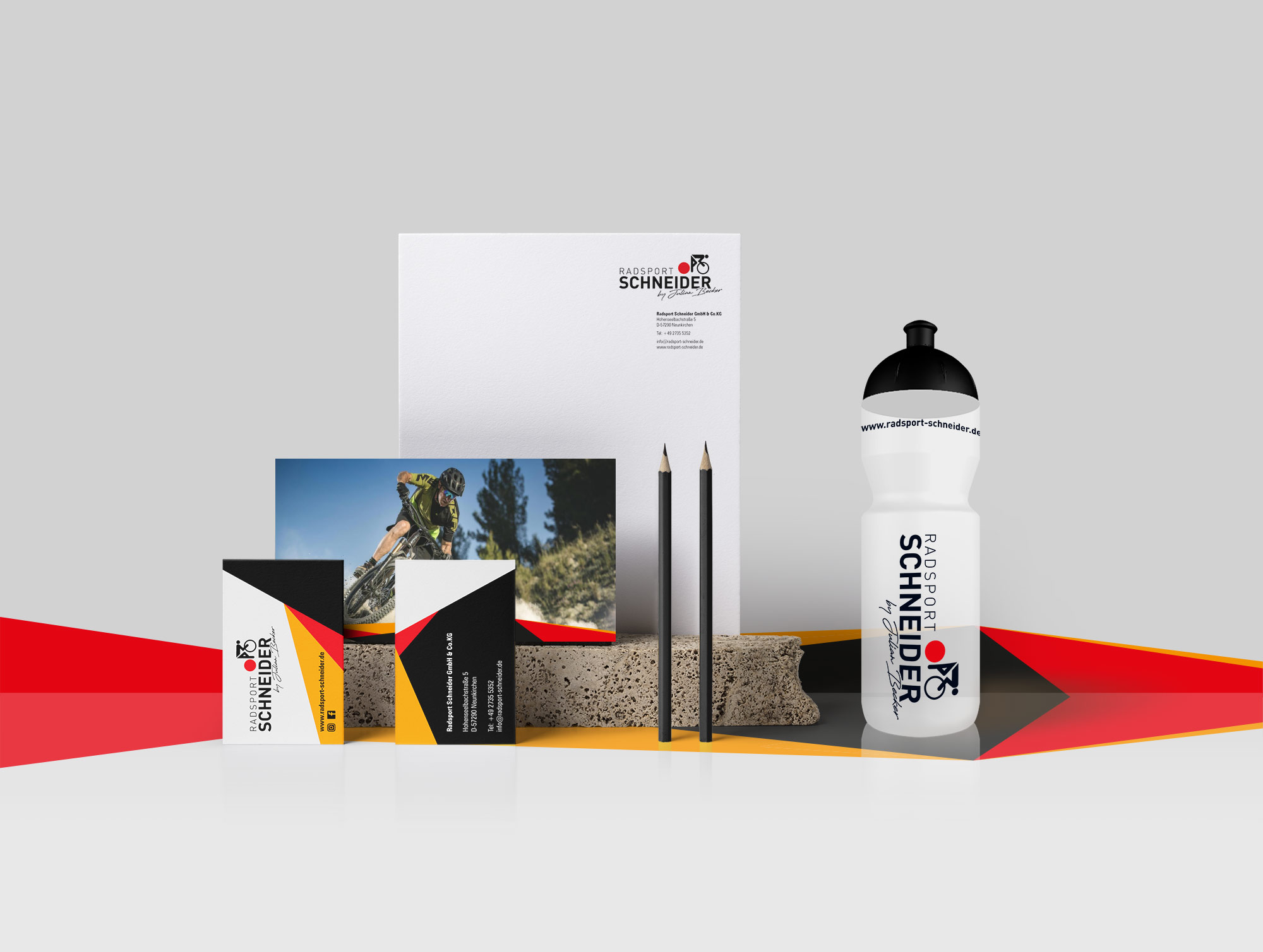 Corporate Identity für Radsport Schneider - Briefpapier, Visitenkarten, Trinkflasche