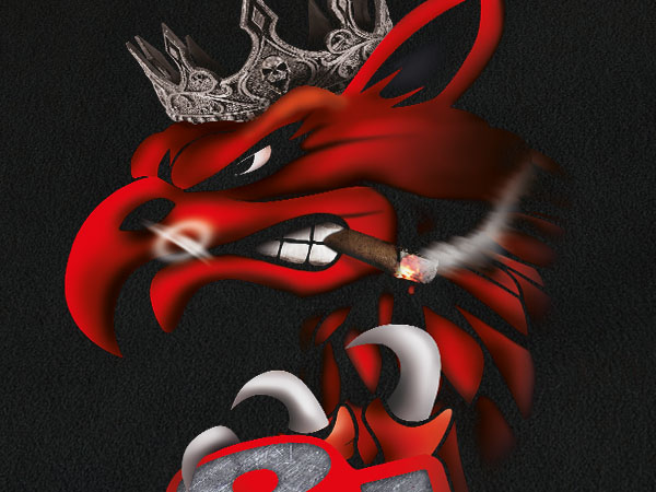 Digitaldruck Motiv auf einem schwarzen Tshirt: Greifenkopf in Rot mit Zigarre