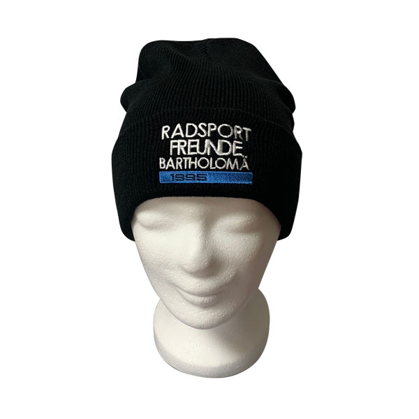 Beanie-Mütze für Radsportfreunde Bartholomä - schwarz mit Bestickung - Auf einem Mannequin-Kopf - Motiv 2