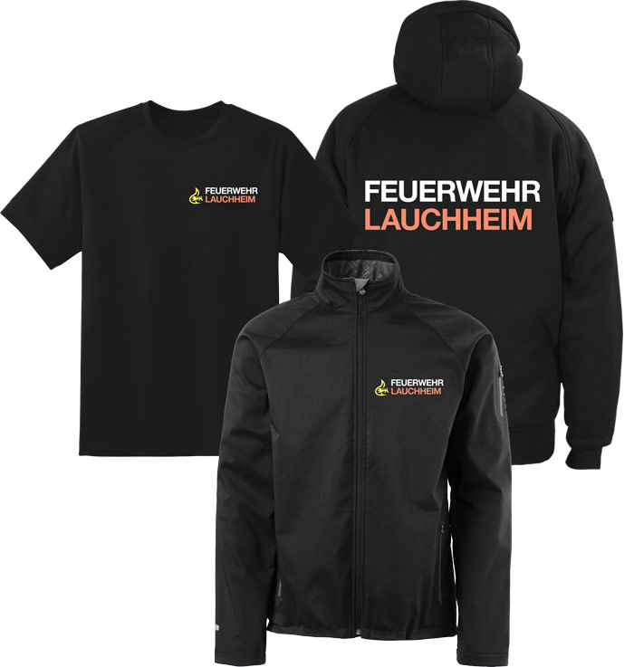 Drei bedruckte Textilien der Feuerwehr Lauchheim: Schwarzes T-Shirt, Hoody und Jacke mit Logo-Bedruckung