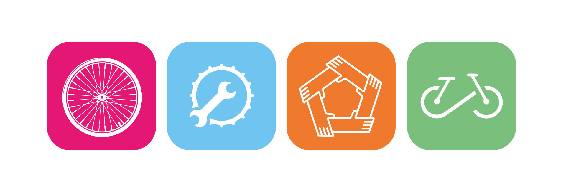 Vier Icons sind in horizontaler Linie zu sehen. Die Icons stehen für die vier Geschäftsbereiche "Verkauf", "Werkstatt", "Soziale Integration" und "UpCycling / Gebrauchträder". Jedes Icon hat eine andere Hintergrundfarbe, nämlich Pink, Blau, Orange und Grün.
